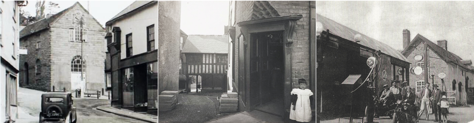 A triptych of vintage black-and-white photos showing scenes from Bishop’s Castle, including the market hall, a Tudor building, and a petrol station with early 20th-century figures.